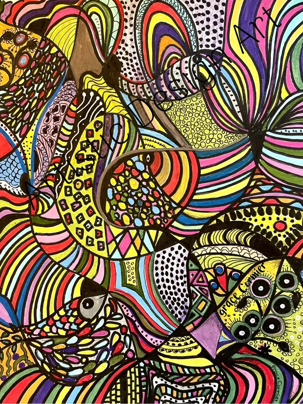 Colorful Abstract Fish Original Art. Acrylic on paper. 9”x11.5”. Without frame